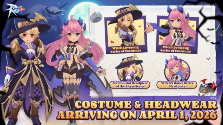 Male and female characters showcasing the new Witch Lovesong series costumes and headwear in Ragnarok Mobile Classic, releasing April 1, 2026.