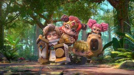 Animated Top Heroes characters in forest setting with golden armor and fantasy