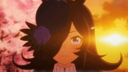 Anime character with black hair and purple rose accessory against pink and