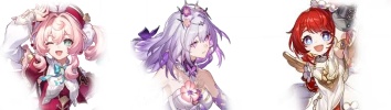 Three anime characters with pink, purple, and red hair in Honkai Star Rail
