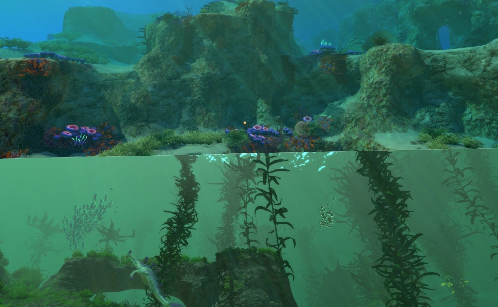 Underwater biome in Subnautica 2 with rocky formations, kelp forests