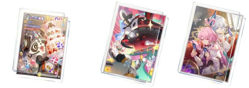 Three Honkai Star Rail light cone cards displayed in protective cases showing