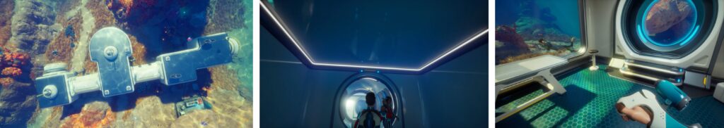 Submersible cockpit view showing deep ocean exploration in Subnautica 2