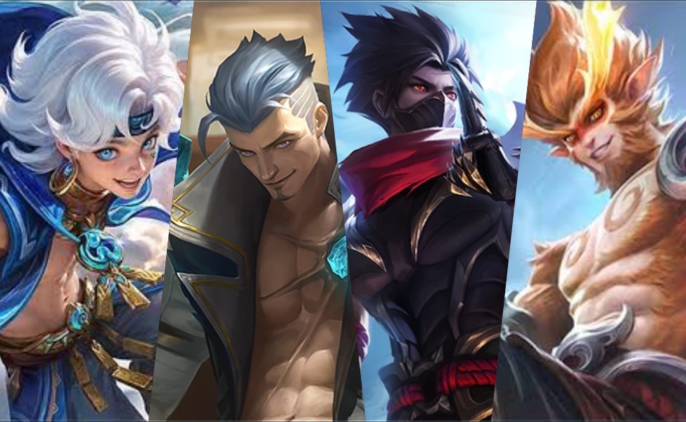 Four Mobile Legends heroes displayed for tier list ranking and solo rank push