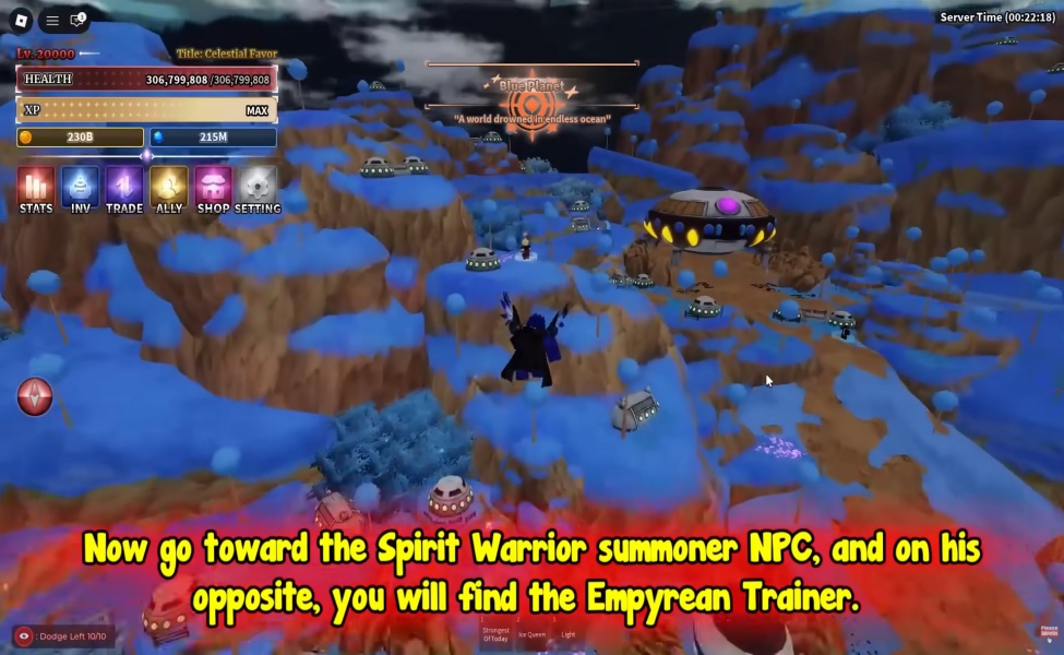 Player character on blue planet with Spirit Warrior summoner NPC and quest text