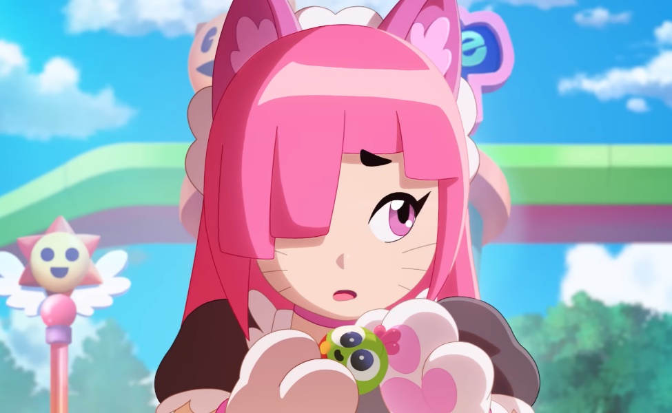 Animated pink-haired character with cat ears holding a green creature in Brawl Stars