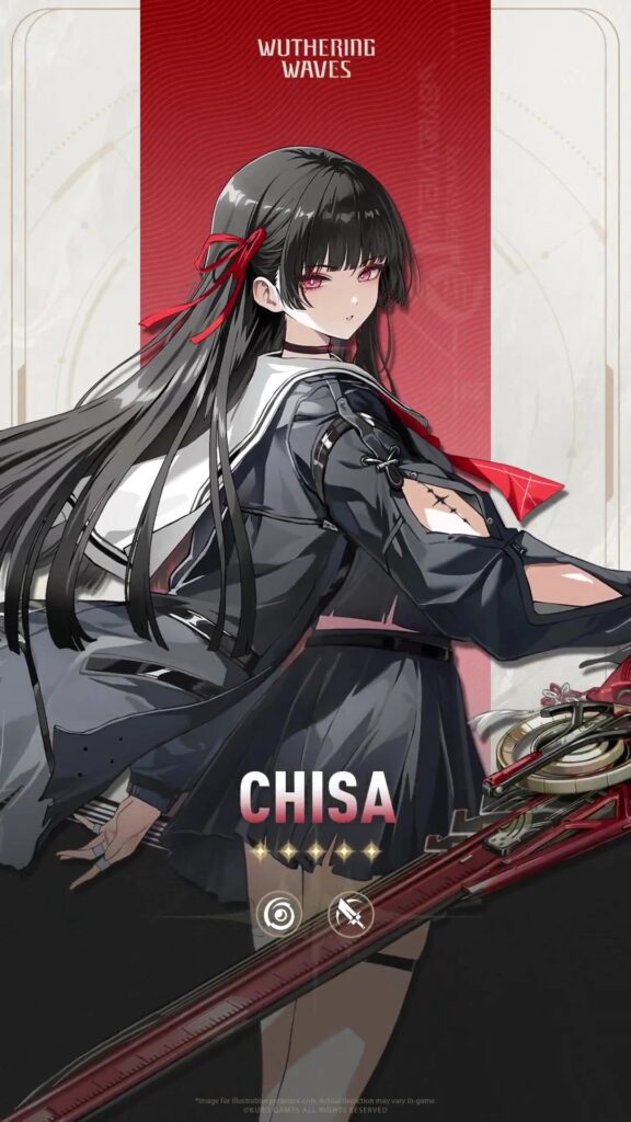Anime character Chisa from Wuthering Waves with long dark hair and red ribbon
