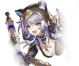 Anime character with silver hair wearing blue and gold outfit holding staff