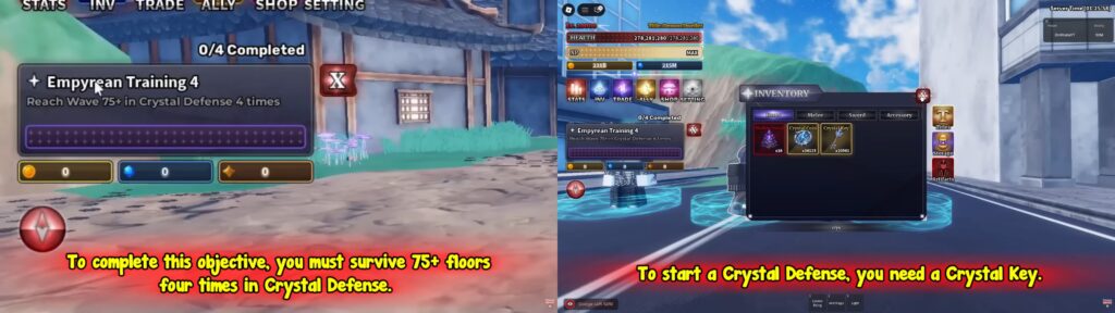 Crystal Defense Wave 75+ objective in Spirit Warrior game interface