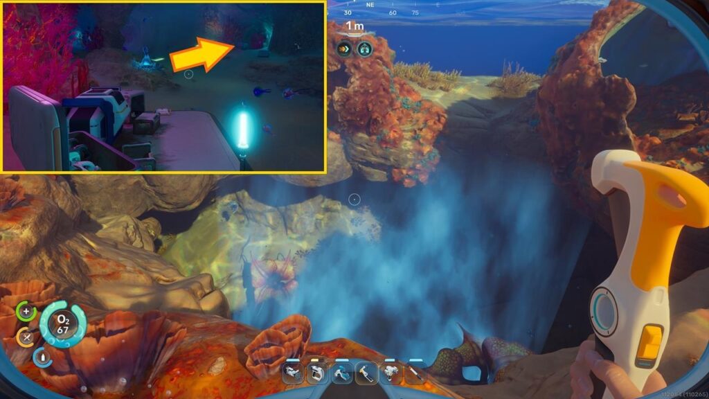 Subnautica underwater base with fabricator and materials collection interface