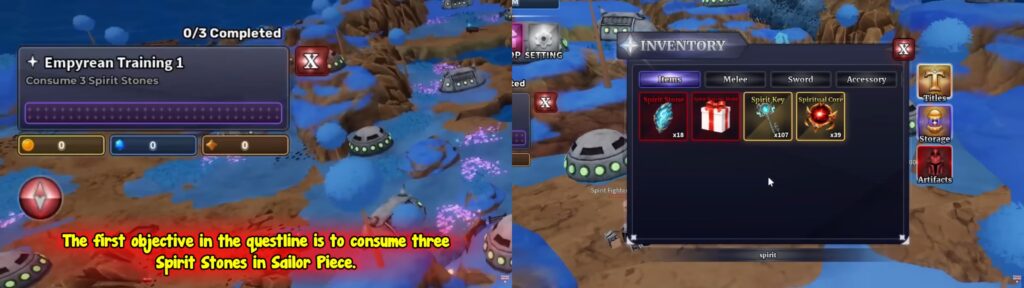 Sailor Piece game screen showing Empyrean Training quest with Spirit Stones