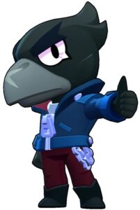 Crow brawler character from Brawl Stars tier list wearing blue jacket and dark
