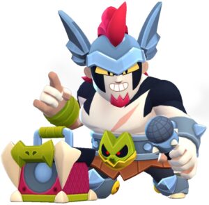 Damian character from Brawl Stars with blue armor and red spiky hair