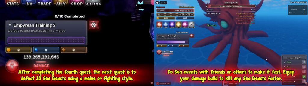 Empyrean Training 5 quest screen showing defeat 10 Sea Beasts using melee