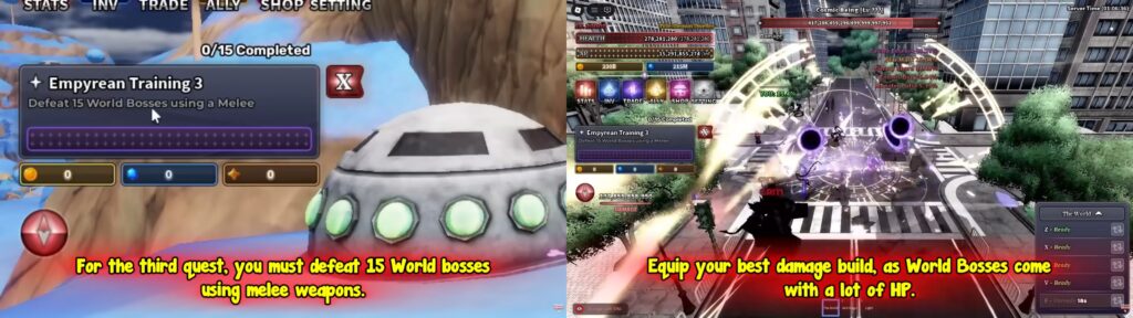 Empyrean Training 3 quest screen showing objective to defeat 15 World Bosses