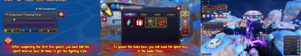 Spirit Warrior boss fight UI showing inventory menu with Spirit Key item needed