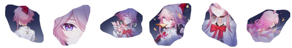 Evanescia character art showcase with multiple eidolon expressions and poses