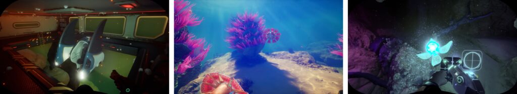 Subnautica underwater exploration with bioluminescent coral and ROV equipment