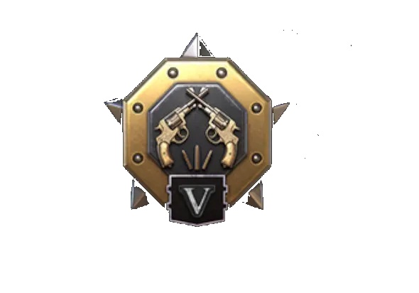 Gold Conqueror rank badge with dual revolvers emblem for PUBG Mobile