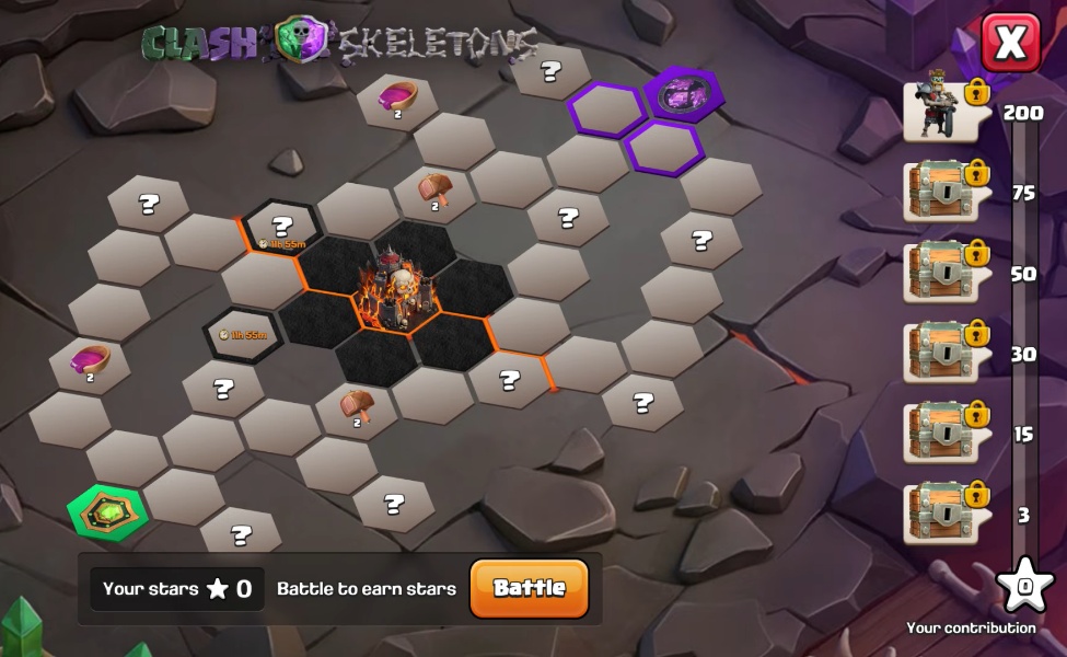 Clash of Clans Skeletons game board with battle interface and reward chest