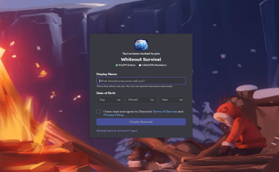 Whiteout Survival Discord server invitation screen showing account creation form