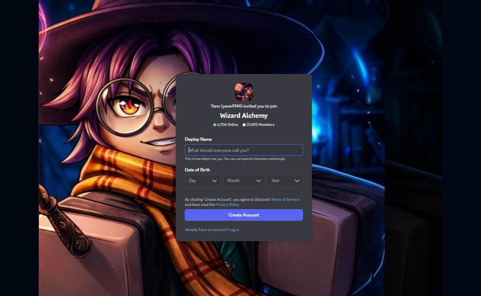Wizard Alchemy Discord server invitation popup with account creation form