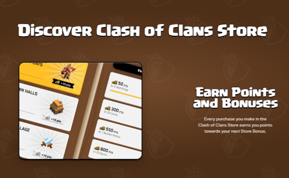 Clash of Clans Store interface showing gem packages and reward points system