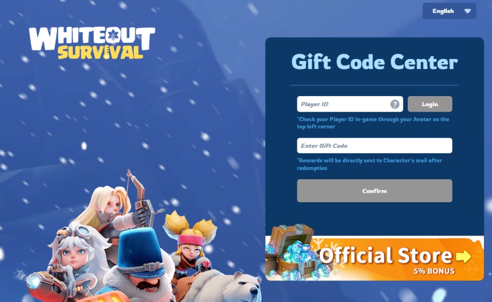 Whiteout Survival gift code center interface for redeeming codes online