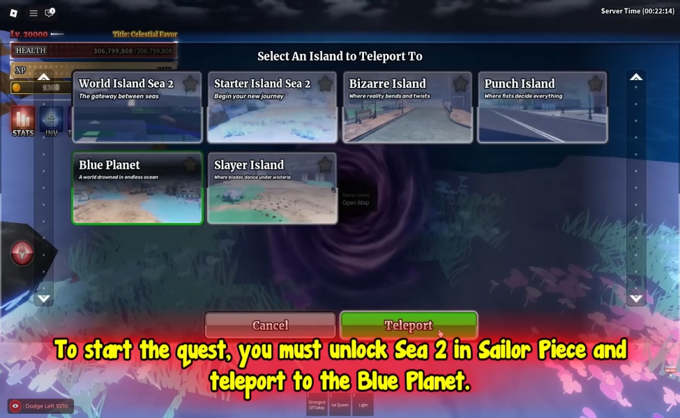 Island teleport menu showing Blue Planet selection in Sailor Piece game