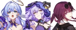 Three anime characters with purple and dark hair in Honkai Star Rail style