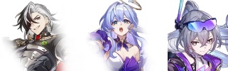 Three Honkai Star Rail female characters with purple and silver hair in 3