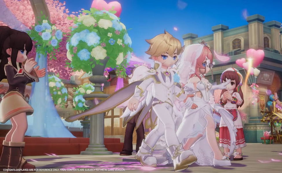 Anime characters in wedding attire at a cherry blossom festival celebration