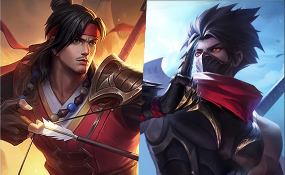Two MLBB assassin heroes with contrasting designs in warm and cool tones