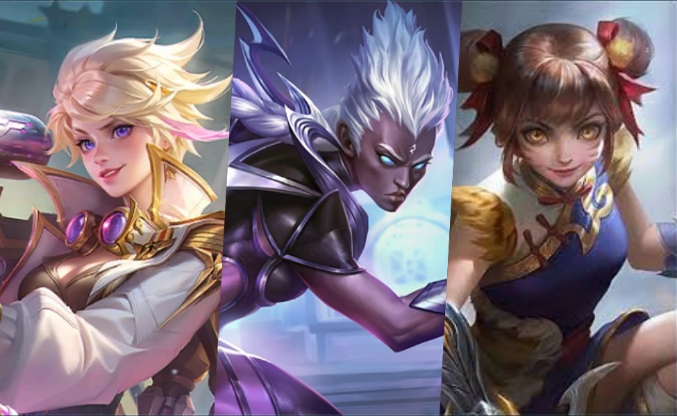 Three MLBB marksmen heroes with gold and purple themed designs and abilities
