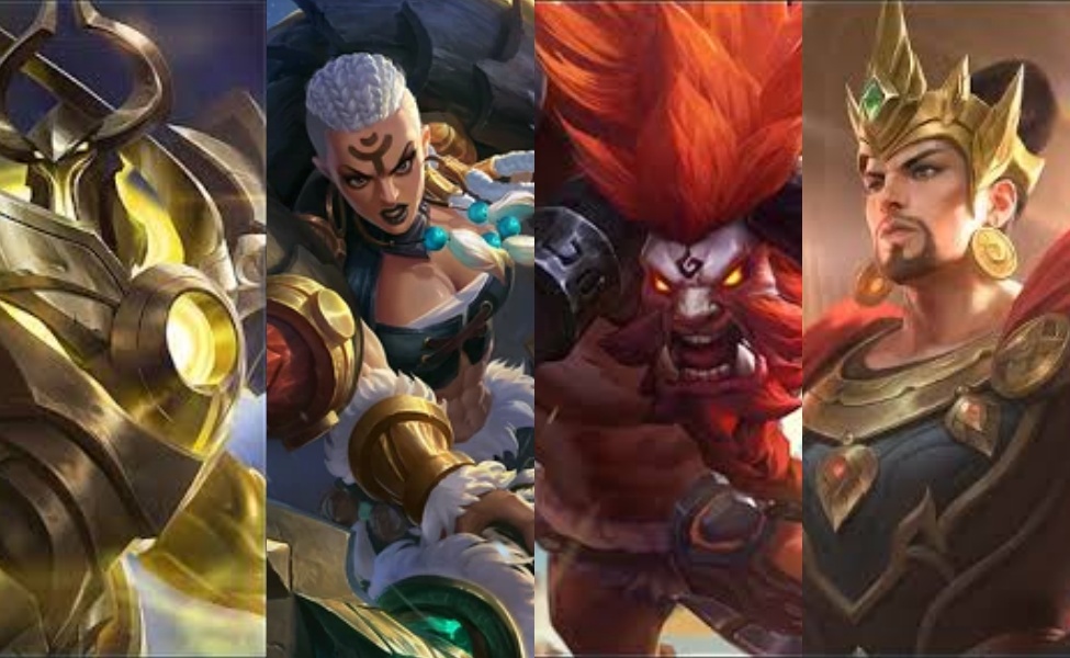 Mobile Legends tank heroes tier list featuring gold-armored characters and