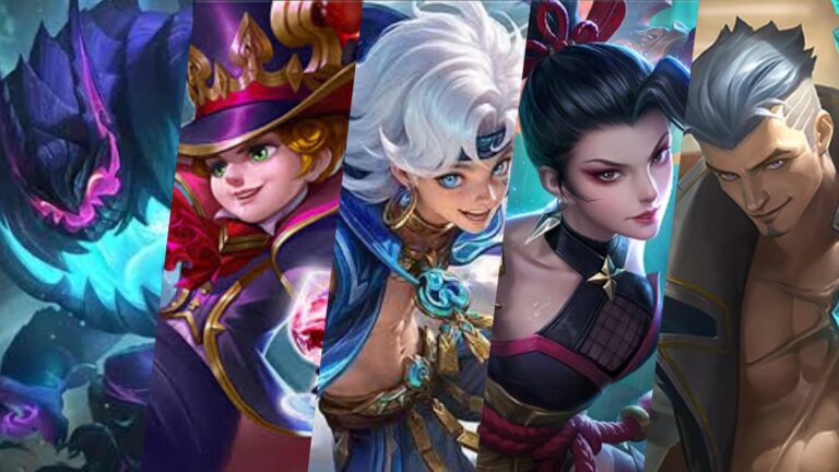 Mobile Legends heroes tier list featuring five character portraits in mystical