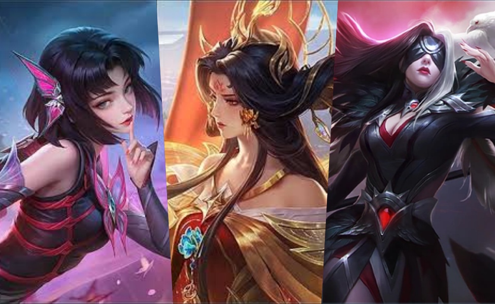 Three female mage heroes from Mobile Legends with mystical abilities and dark