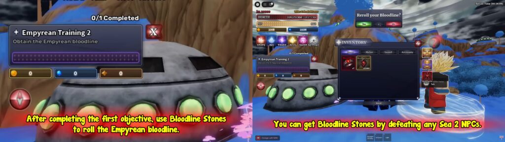 Empyrean Training 2 quest interface showing bloodline stone requirements and