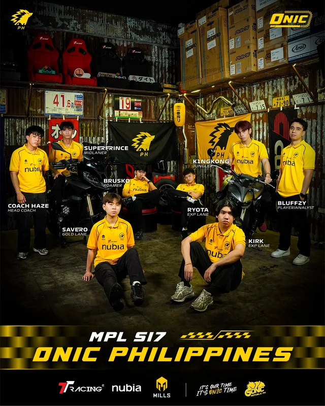 ONIC Philippines esports team roster photo in yellow jerseys at MPL S17