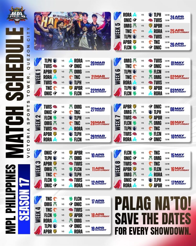 MPL Philippines Season 17 match schedule showing weekly fixtures for all