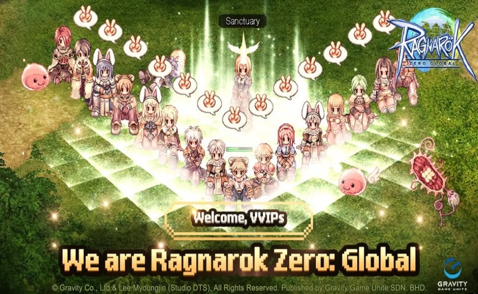 Ragnarok Zero: Global welcome screen with characters and sanctuary setting
