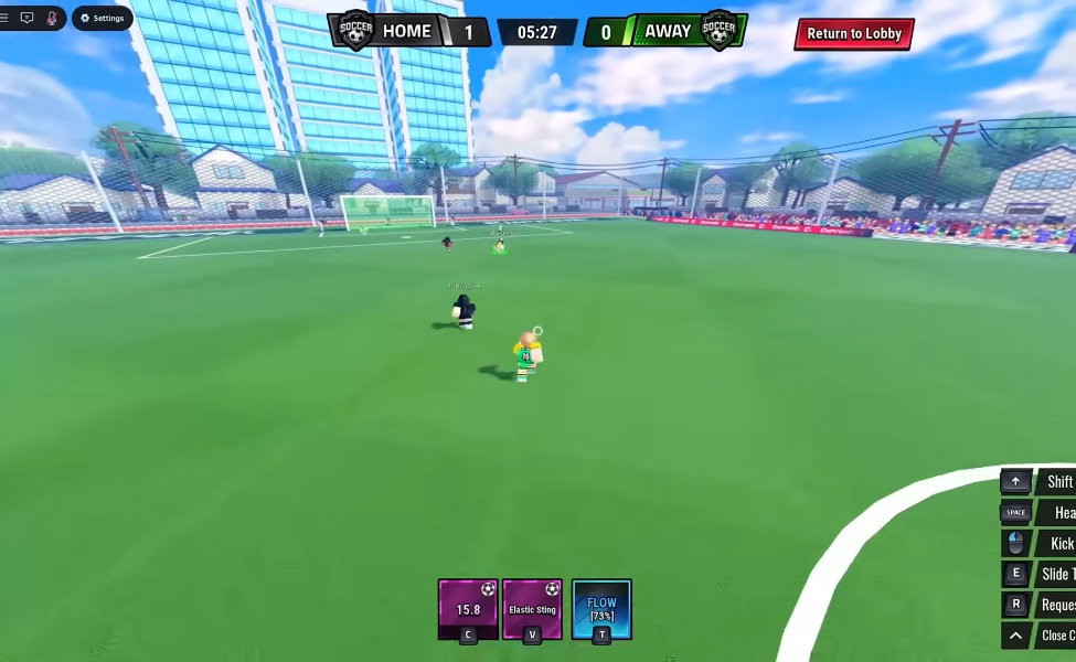 Roblox Soccer Zero gameplay showing match in progress with home team leading 1-0