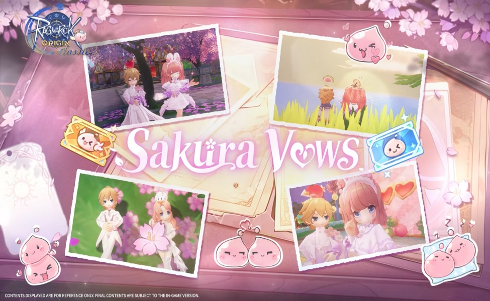 Sakura Vows marriage system promotional image with couple screenshots and game