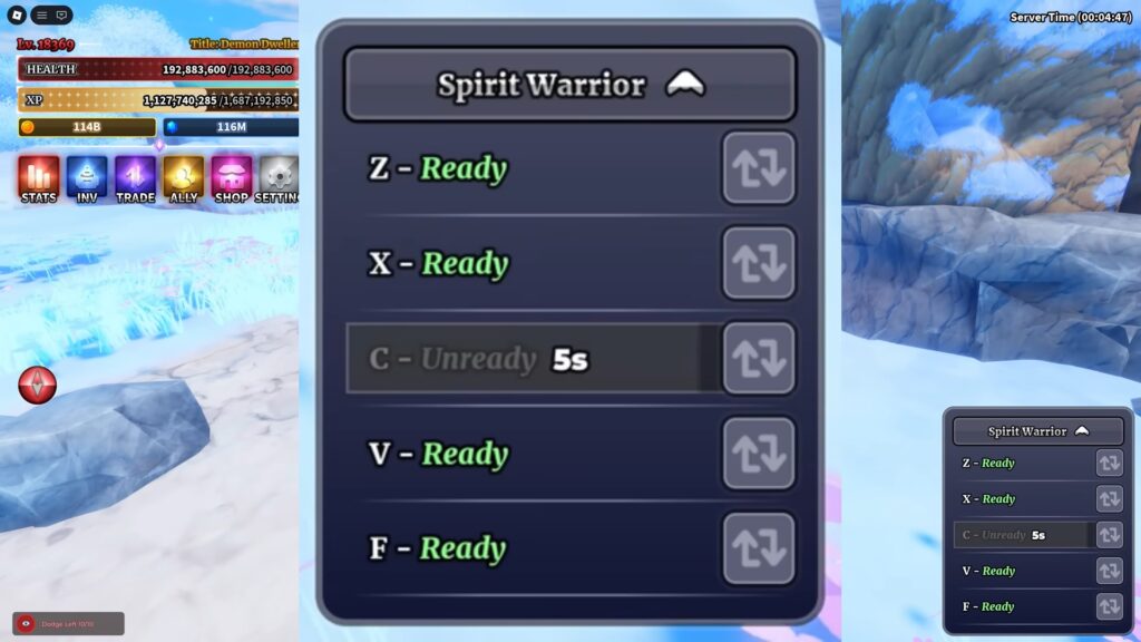 Spirit Warrior ability moveset interface showing ready status for skills