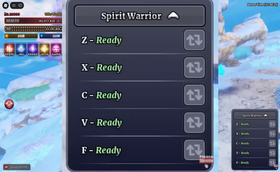 Spirit Warrior character moveset screen showing Z, X, C, V, F abilities ready