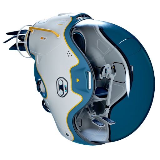 Tadpole submarine vessel with white and blue design in Subnautica