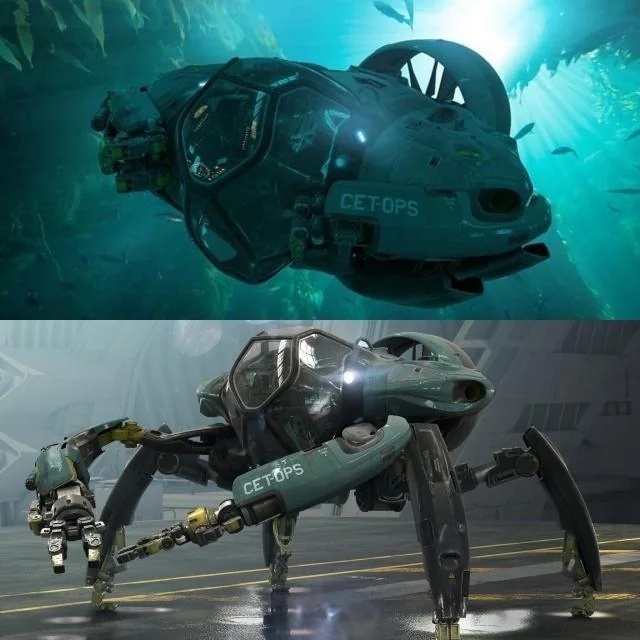 CETOPS submersible vehicle shown underwater and on land in Subnautica 2