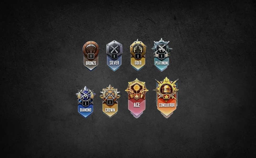 PUBG Mobile rank tiers from Bronze to Conqueror displayed as badges