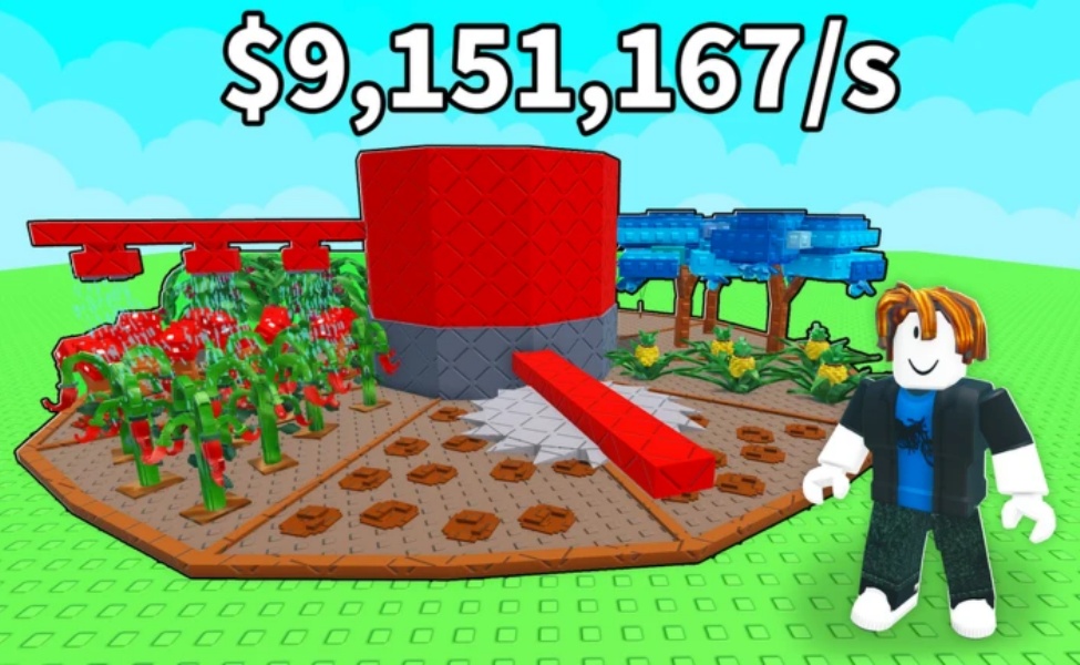 Roblox Build a Ring Farm game with player character, farm plot, crops