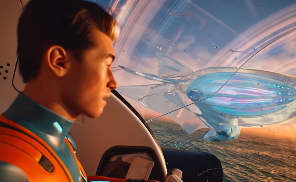 Player piloting submersible vessel in alien ocean world at sunset